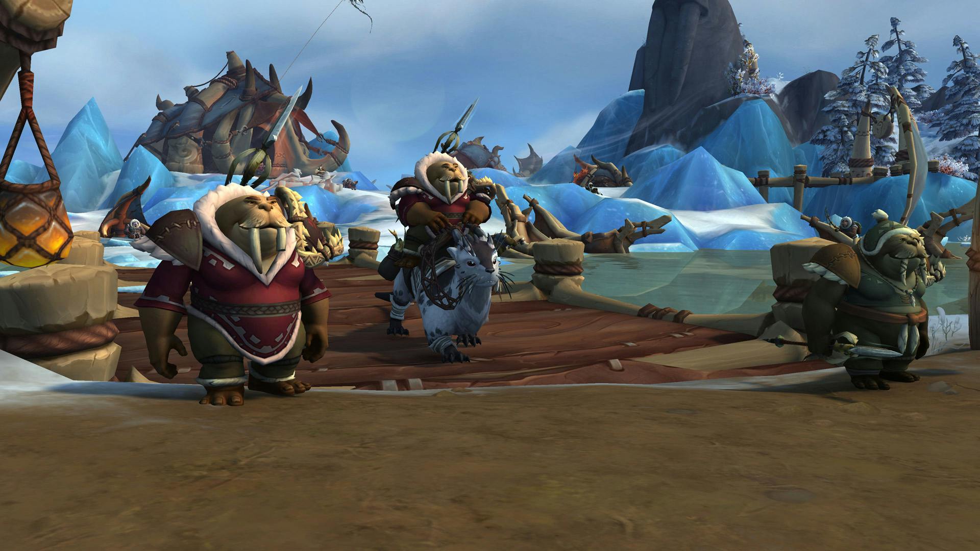 Iskaara, a village in the Azure Span, featuring several tuskar standing at the entrance. One is riding an ottusk. A tuskar is a humanoid walrus. An ottusk is a rideable otter mount.