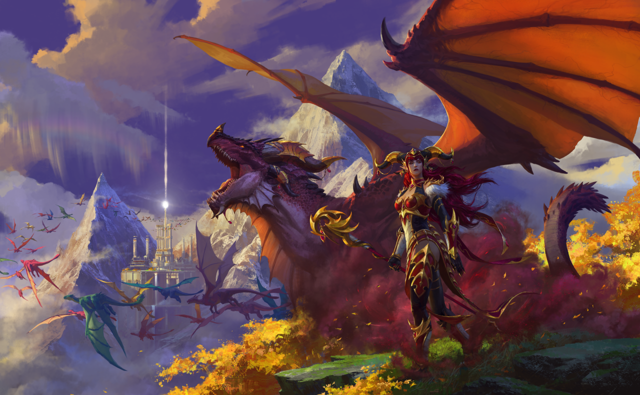 Alexstraza, the Life-Binder and Queen of the Dragons, portrayed both in her humanoid and dragon forms, watching flights of dragon returning to the Dragon Isles.