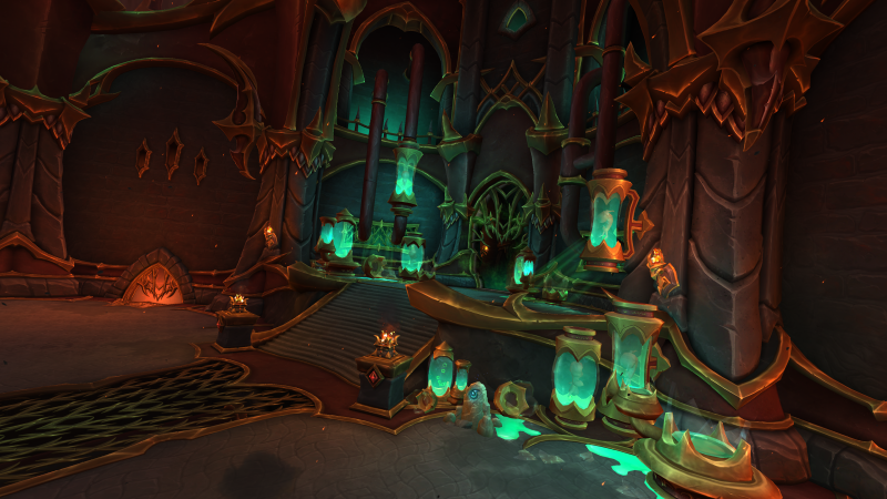 Stairs leading to the entrance of Aberrus, the Shadow Crucible raid, surrounded by humanoid-sized liquid containers glowing green-cyan tones.